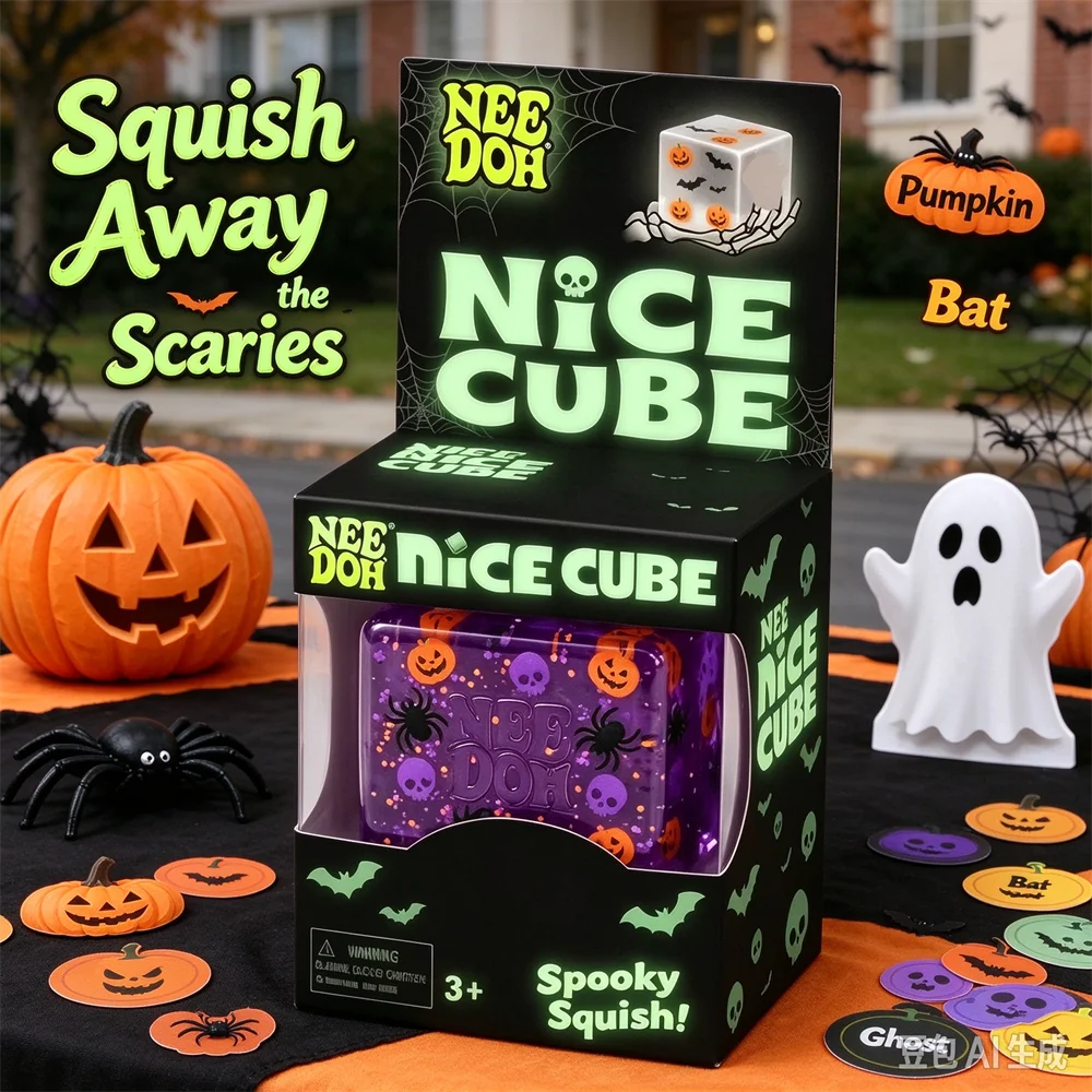 Halloween Spooky Squish NeeDoh Nice Cube Glitter Squeeze Fidget Cube, Stress Relief Toy, Halloween Trick Or Treat Gift