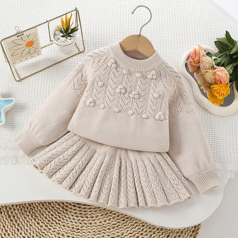 2025年秋冬新作-2-6歳女児服セット-子供ニット服スーツ-長袖ニットプルオーバー-ショートスカート