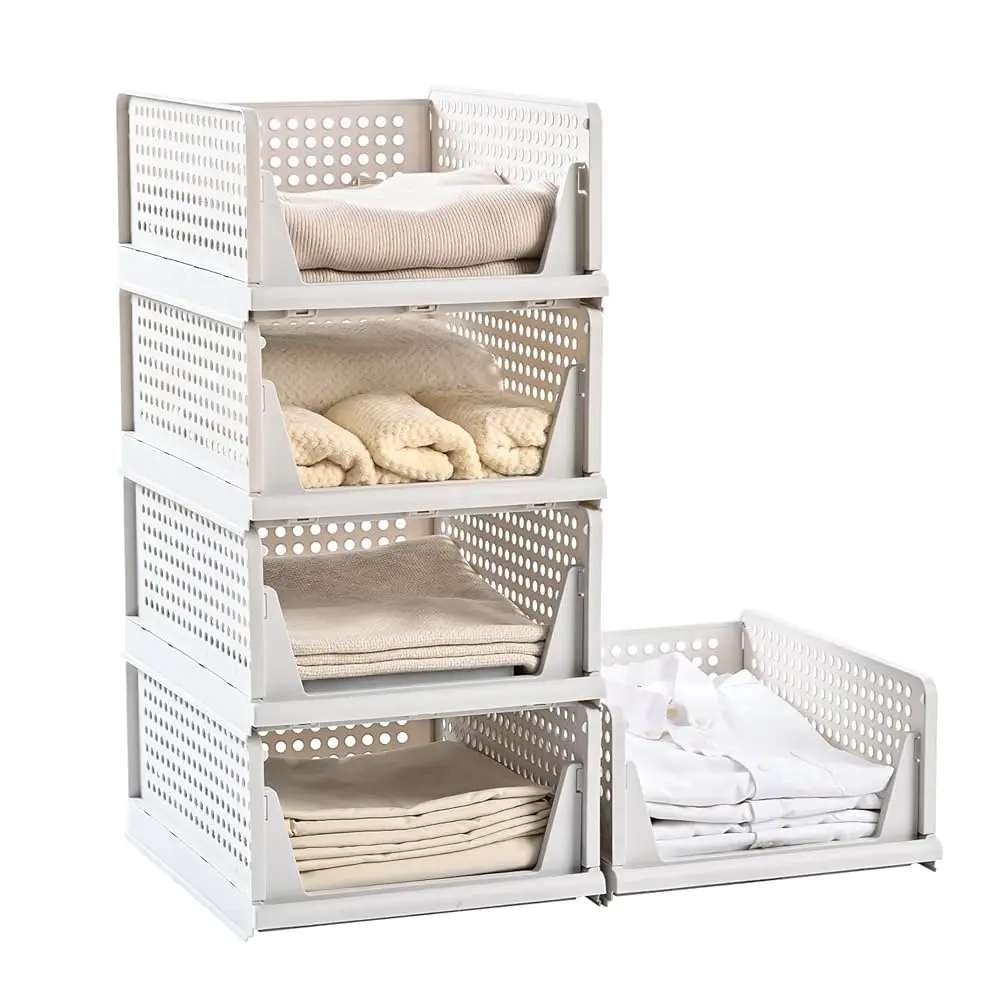 

5 Pa Stackable Plastic Storage Basket-Foldable Closet Organizers Drawer Shelf Container For Bathroom Kitchen Laundry Room