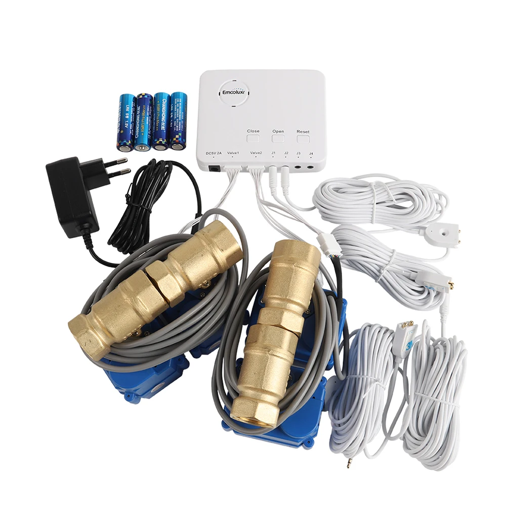 Batteries 5V Plug Power Pipe Leak Detection Device 1 Inch DN25 Brass Valve + 6m Water Detection Lines + Loud Alarm Control Unit