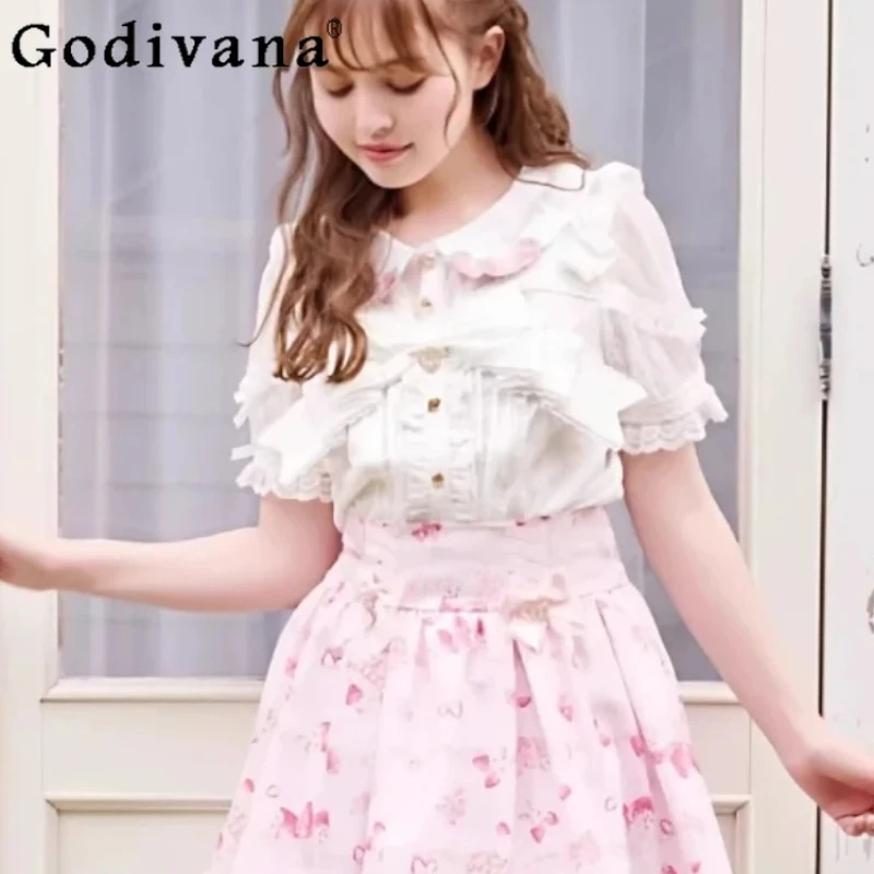 

Large Size Japanese New Sweet Cute Lolita Strawberry Peter Pan Collar Shirt Fashion Girls Versatile Fashion Bow College Shirts