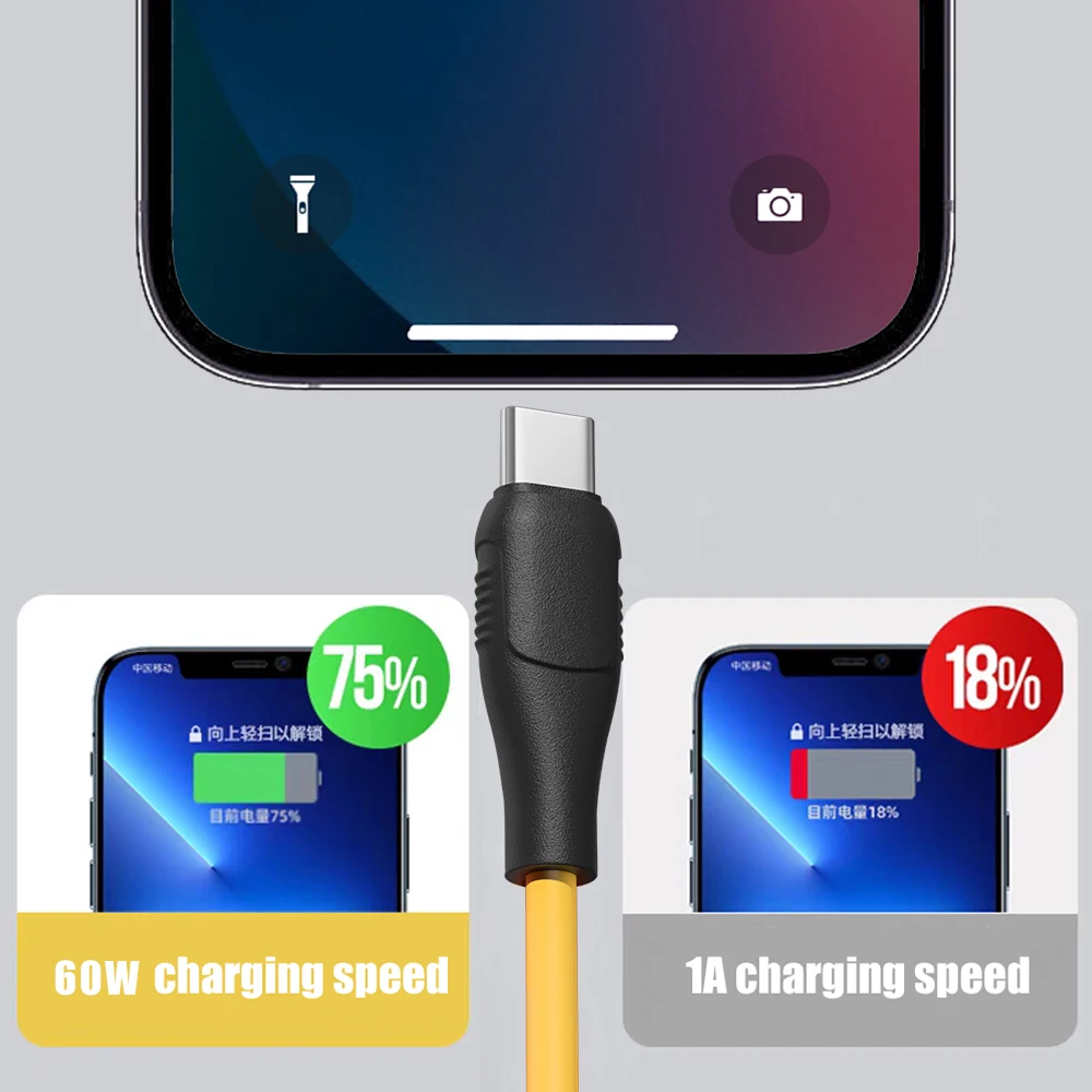 60W Typ C Żółty Kabel USB C Szybkie ładowanie Przewód do ładowania Kable do telefonów komórkowych Macbook IPad Samsung Xiaomi Huawei Redmi