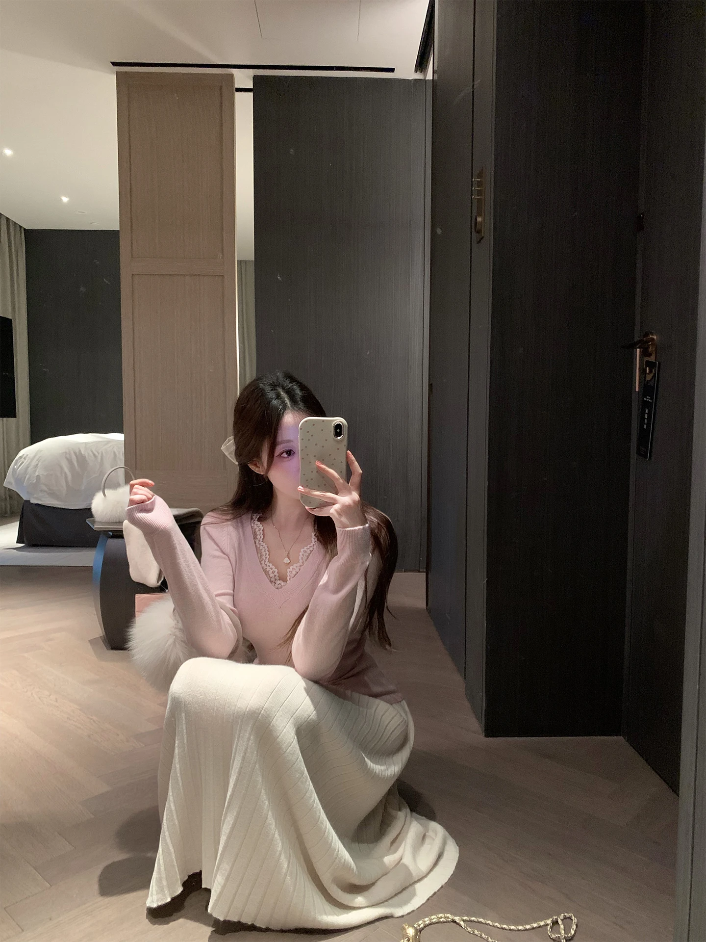 

Милый женский осенне-зимний свитер Cute Ja Curtain Call из 100% шерсти, вязаный, с V-образным вырезом, двухцветный, с кружевной отделкой, для ношения под одеждой