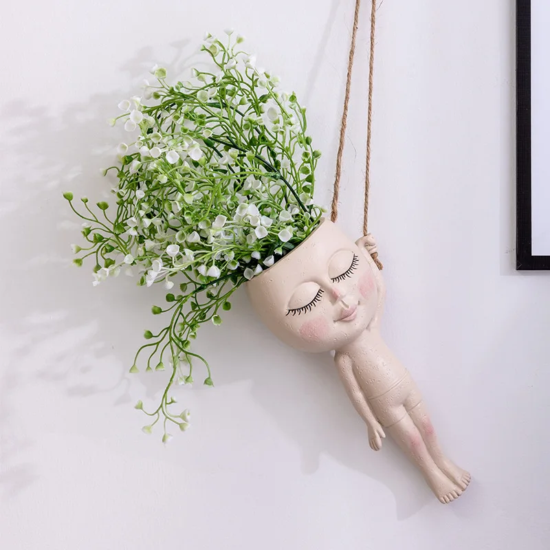 

Flower Container Pot Gymnastics Doll Design Nordic Style with Hanging Rope Planters Creative Succulent Flower Pot Home Supply