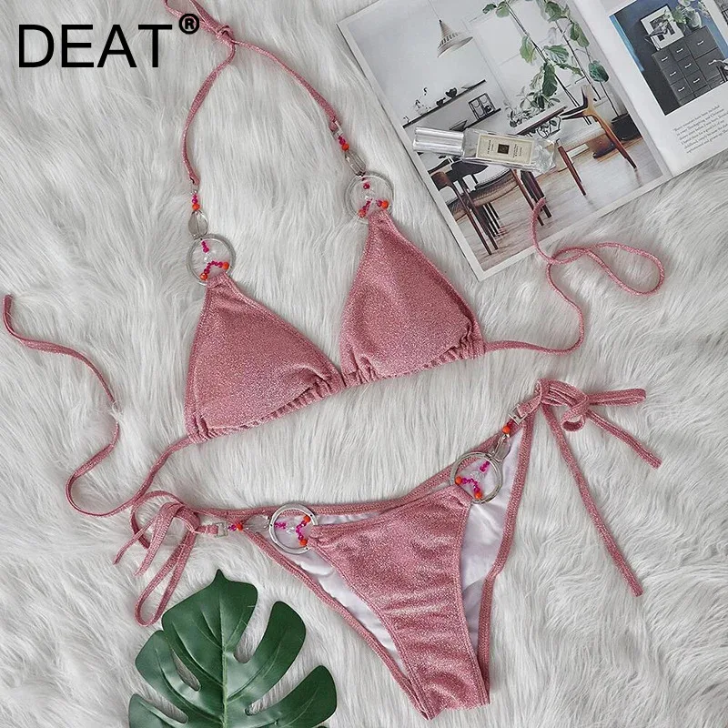 DEAT 2024 Fashion New Women's Bikini Handmade Beaded Swimwear Split Beach Vacation Solid Color Swimsuit Female Trendy 11A0515