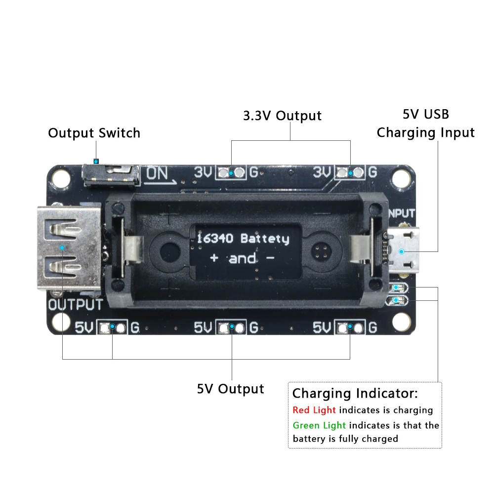 16340 마이크로 USB 전원 은행 배터리 충전기 모듈 듀얼 출력 3.3V 5V 충전식 배터리 홀더 리튬 배터리 충전 보드