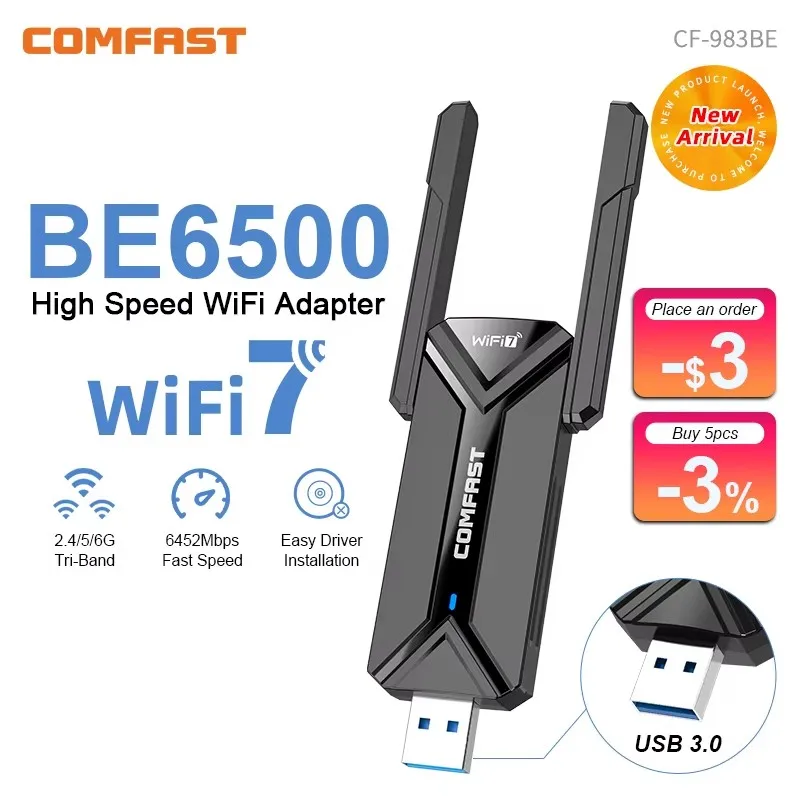 COMFAST USB 와이파이 7 어댑터, 6500M, 6G, 5G, 2.4G 수신기, PC RTL8912AU, 2 안테나 와이파이 어댑터 드라이버, Win10/11 무료