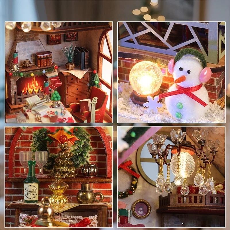 عشية عيد الميلاد Dream منزل مصغر DIY، مشهد كرة الثلج الخشبية ثلاثية الأبعاد مع أضواء، هدية العيد للبالغين #4