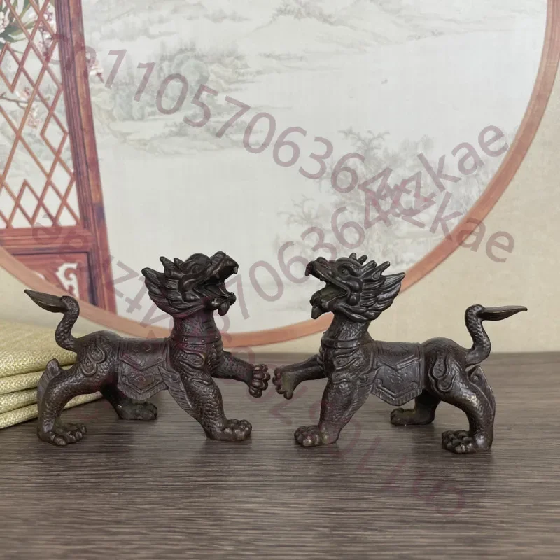 Pair of Chinese Antique Solid Copper Kirin Ornaments Town House Statue