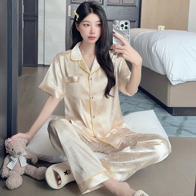 Chinese-style Floral Women's Summer New Short-sleeved Long Pants High-end Satin Fabric Set of Home Wear with Floral Pattern