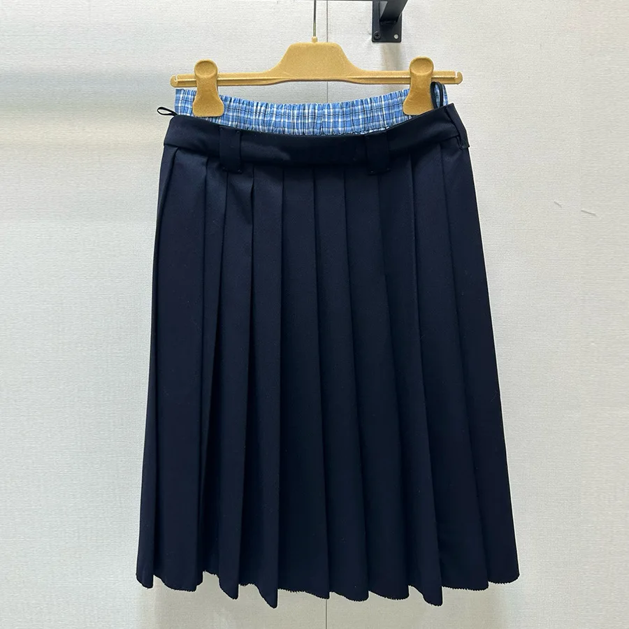 Blue patchwork faux two-piece mid-length half-skirt for women with low waisttrendy pleated skirt spring style