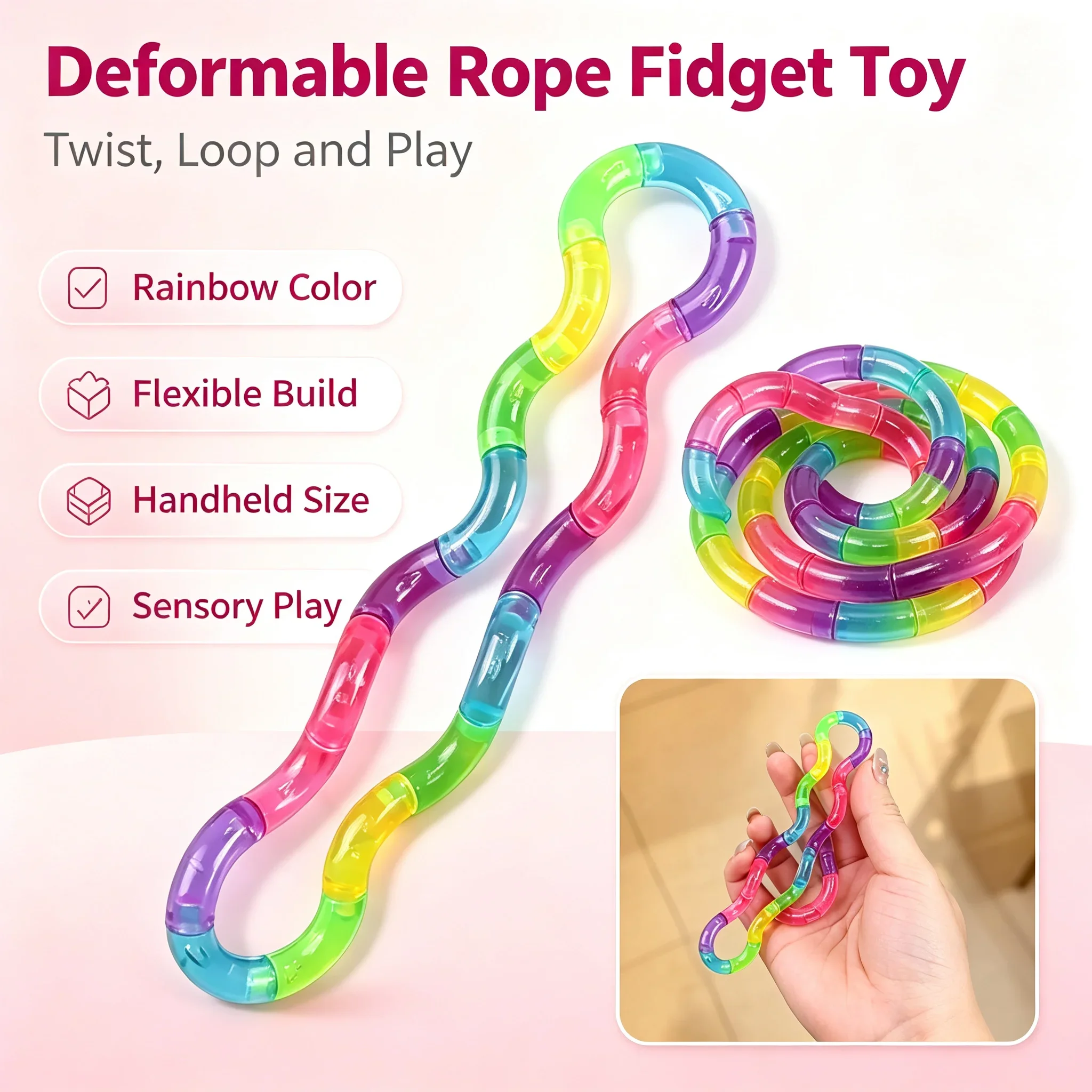 Deformable Rope Fidget Toy Rainbow Color Twist Knot Stress Relief Anti Anxiety Sensory Toy for Kids Adults Desktop Squishy Toy