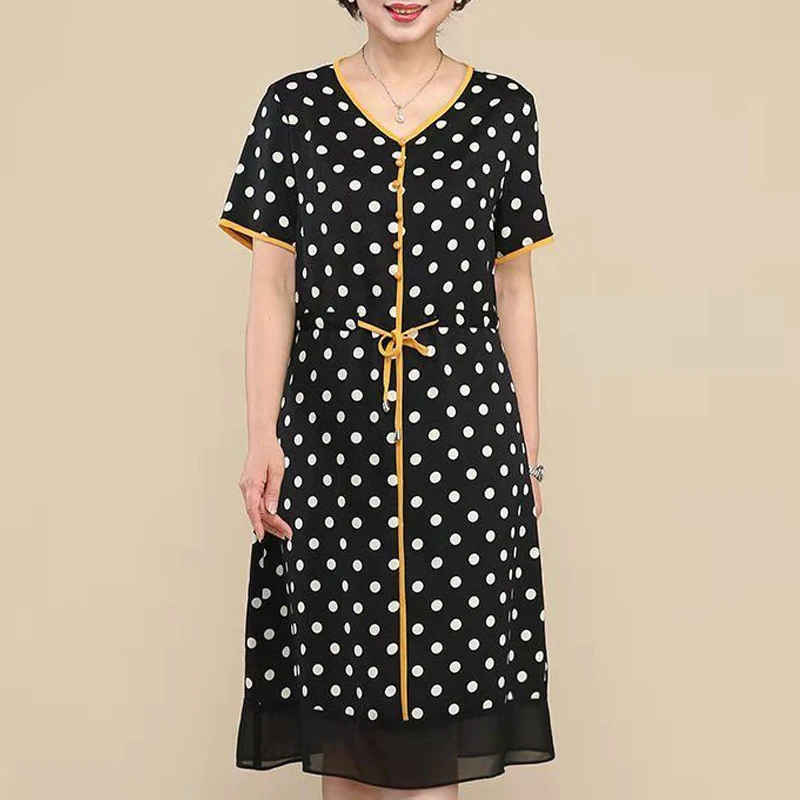 Dames Kleding Polka Dot Print Veters Elegante Feestjurken 2023 Zomer Mode V Hals Korte Mouw Losse Midi Jurk Vestidos