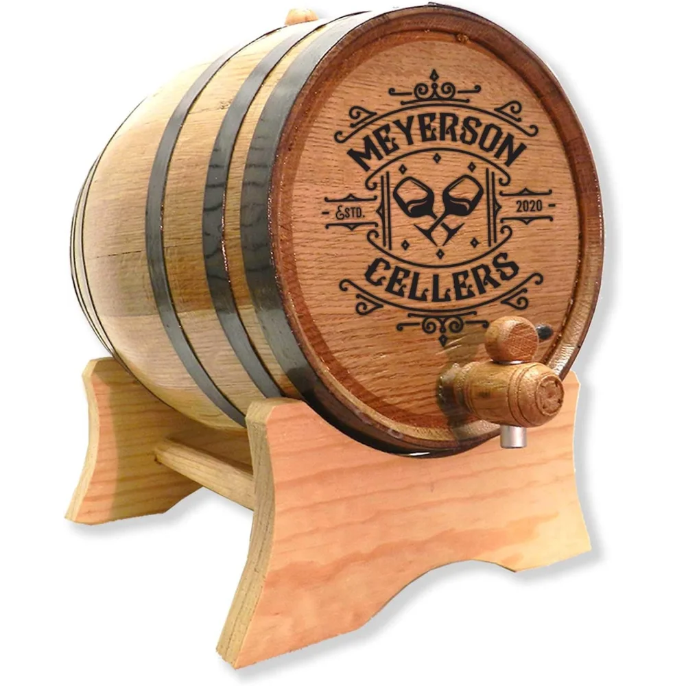 

Personalized 3 Liter Wine Barrel | Premium Toasted American Oak Aging Barrel w/Bung, Spigot and Stand | Custom Laser Engraved
