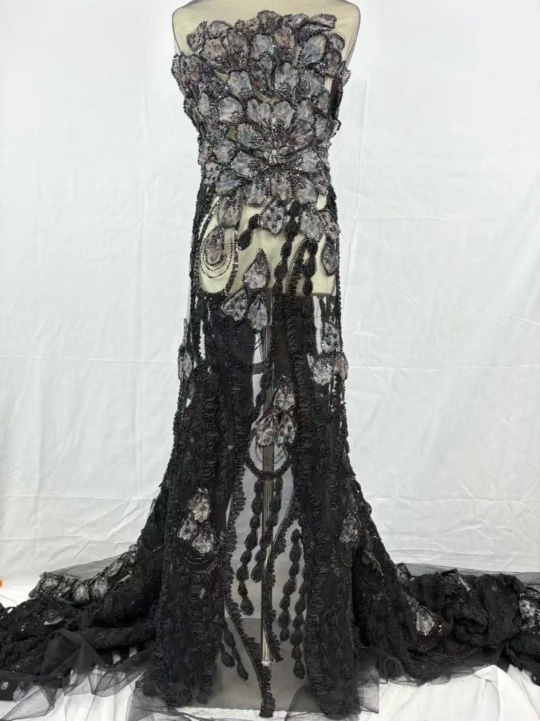 

Зеленая кружевная тюлевая ткань 2026 года с крупными бусинами и блестящими пайетками в виде ивовых веток для вышивки на платьях, сценических костюмах и свадебных нарядах