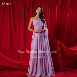 Qanz Lilac One Shoulder Evening Dresses Long Chiffon Elegant Women Prom Dress Saudi Arabia Formal Occasion Dresses Customized