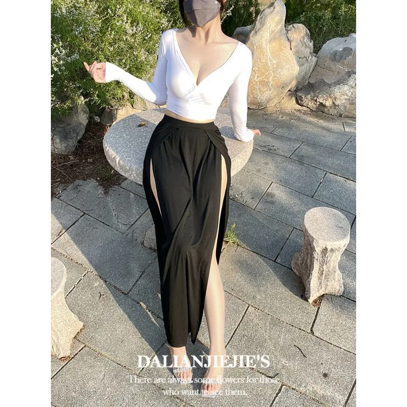 Sexy High Slit Bodycon Skirt Women Black Side Slit Clubwear Mini Skirt Slinky Stretchy Chic High Waist Slit Evening Party Skirt