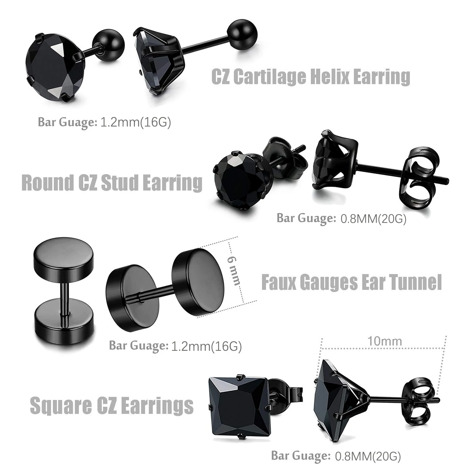 20 Pairs Black Stainless Steel Round Square CZ Inlaid Stud Earrings Double-Sided Screw Back Ear Stud Jewelry for Men Women