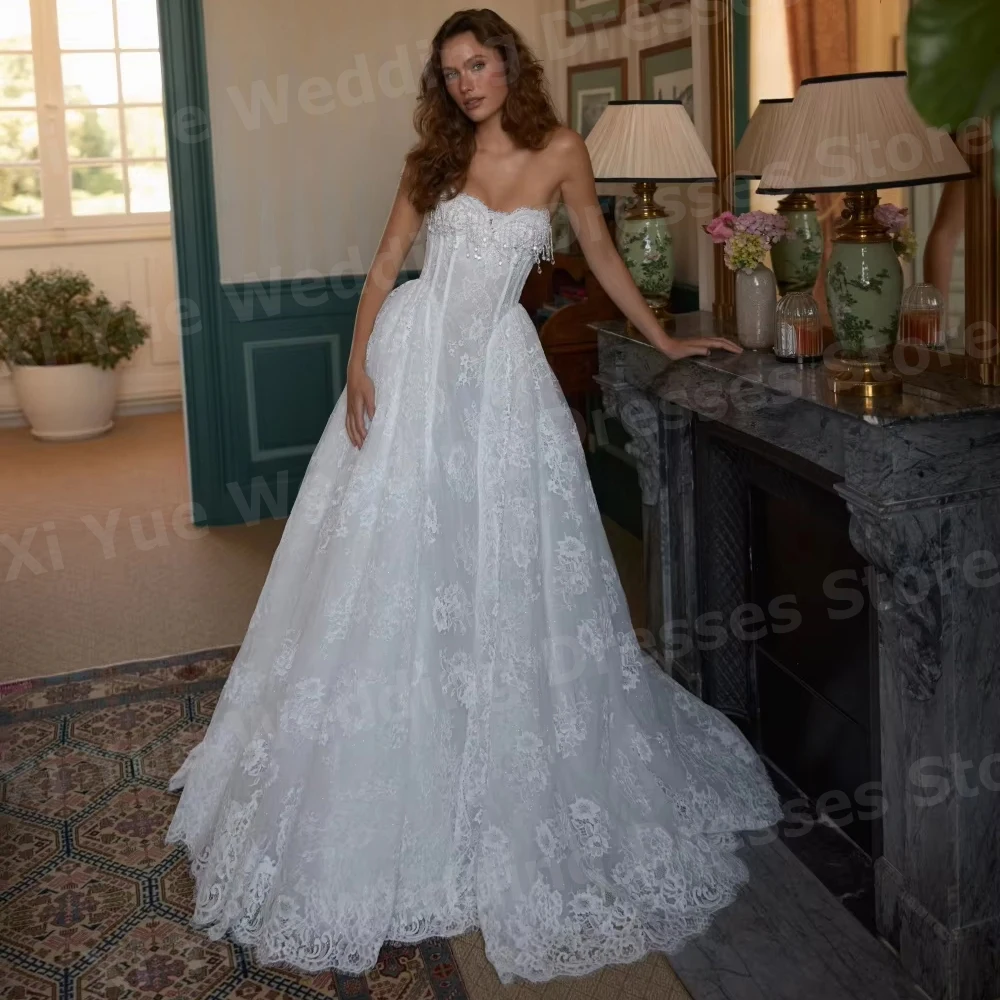 Gorgeous A Line Women's Pretty Sweetheart Lace Sleeveless Wedding Dresses Vestido De Novia Bride Gowns Customized Robe De Mariée