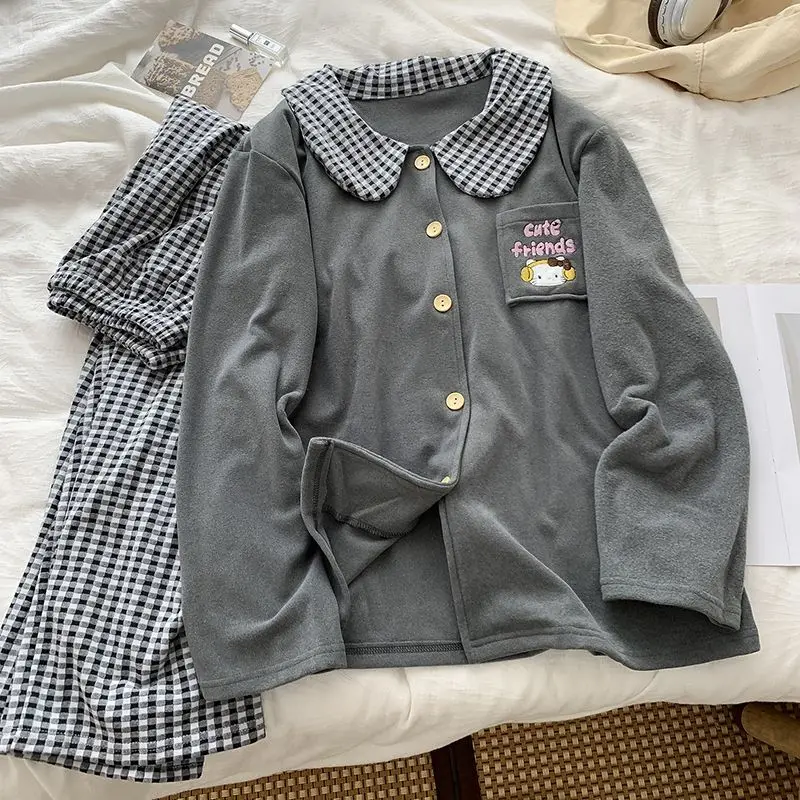 

Ins Стиль Топ с длинными рукавами Мультфильм Милый Hello Kitty Немецкая бархатная пижама для девочек Осенне-зимний комплект домашней одежды с кукольным воротником