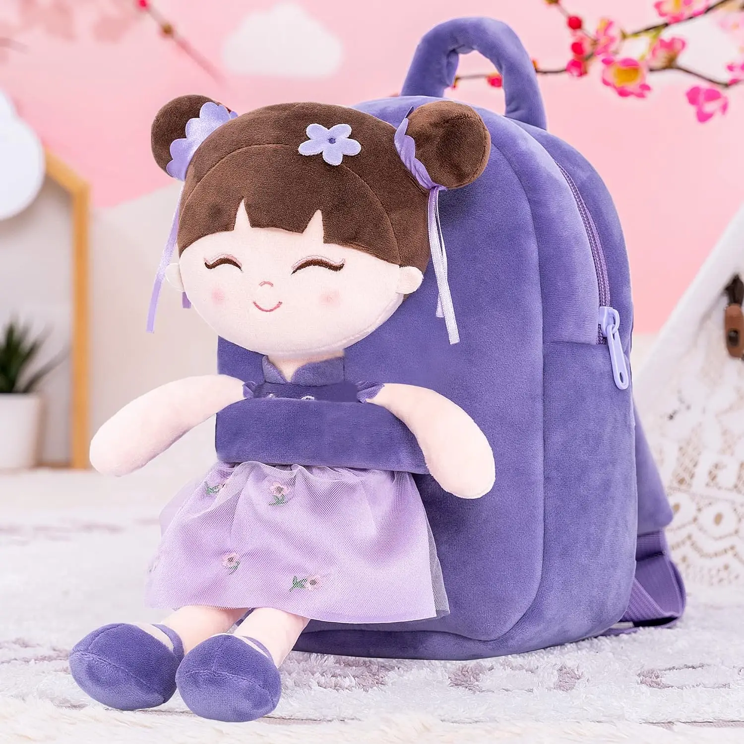 Gloveleya Kids Backpack Toddler Backpack Soft Plush Asian Girl Doll Backpacks Purple