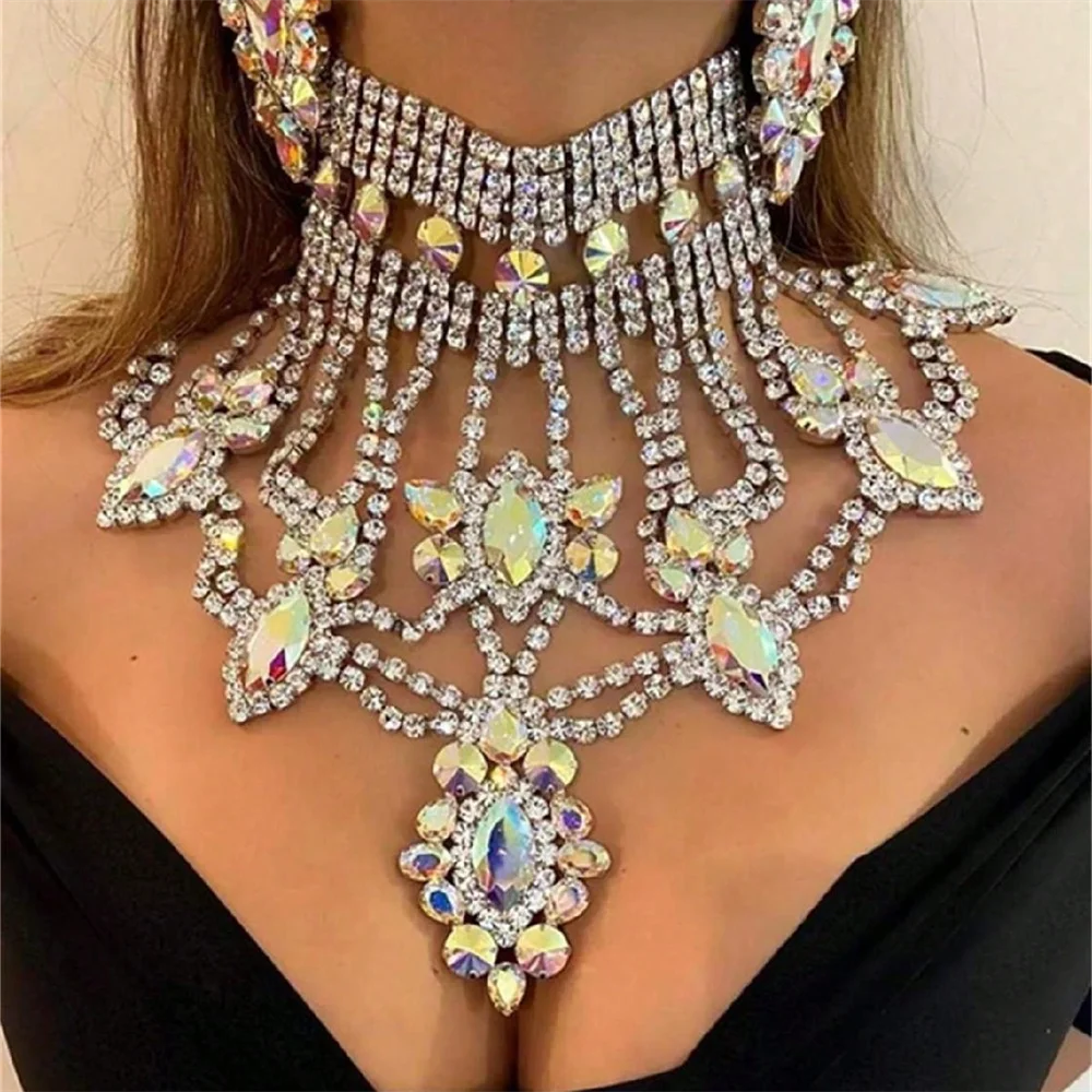 Fashionable Ladies Hot Selling Luxury AB Colored Gemstone Necklace, Bride's Wedding Party Exquisite Sparkling Crystal Necklace