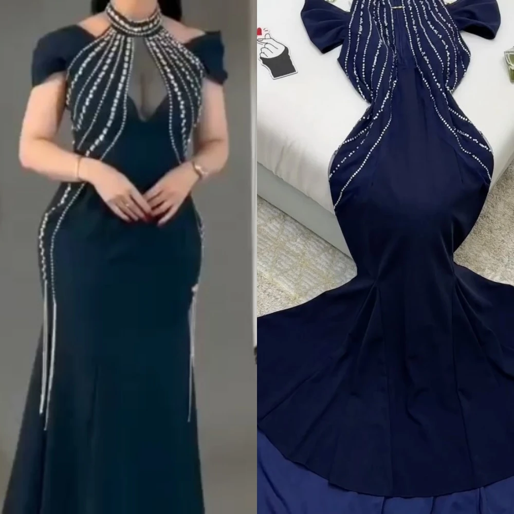  Evening Prom   Jersey Rhinestone Graduation Mermaid Halter Bespoke Occasion Gown Midi es