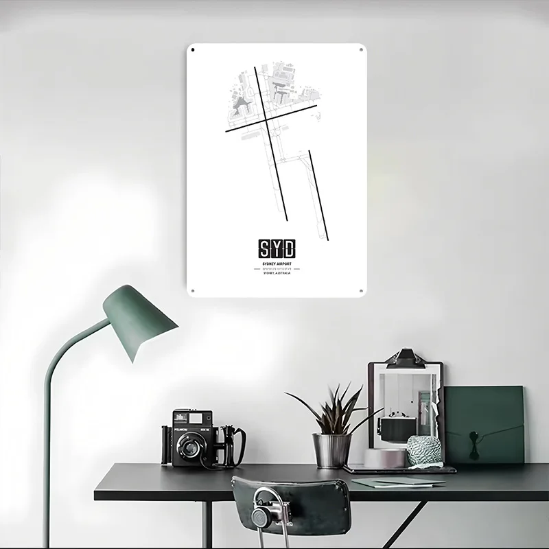 ملصق معدني لتخطيط مطار سيدني، ملصق تين، أشياء فنية جدارية لتصميم الغرفة، علامات معدنية قابلة للتخصيص لديكور المنزل