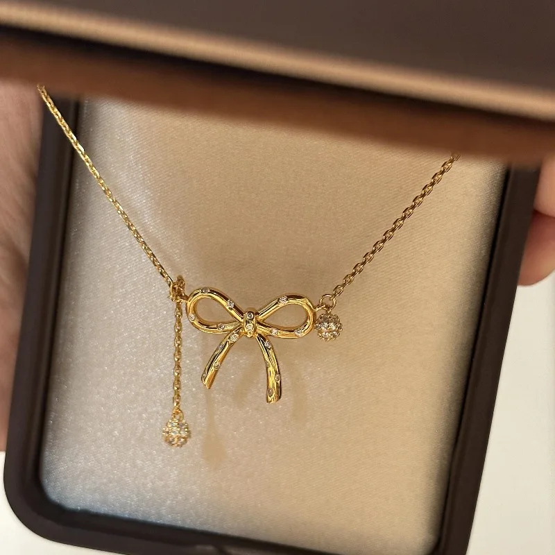 Retro Luster Bowknot Necklaces High Quality Trend Style Inlaid Diamond Light Luxury Elegant Collar Chain Party Jewelrys