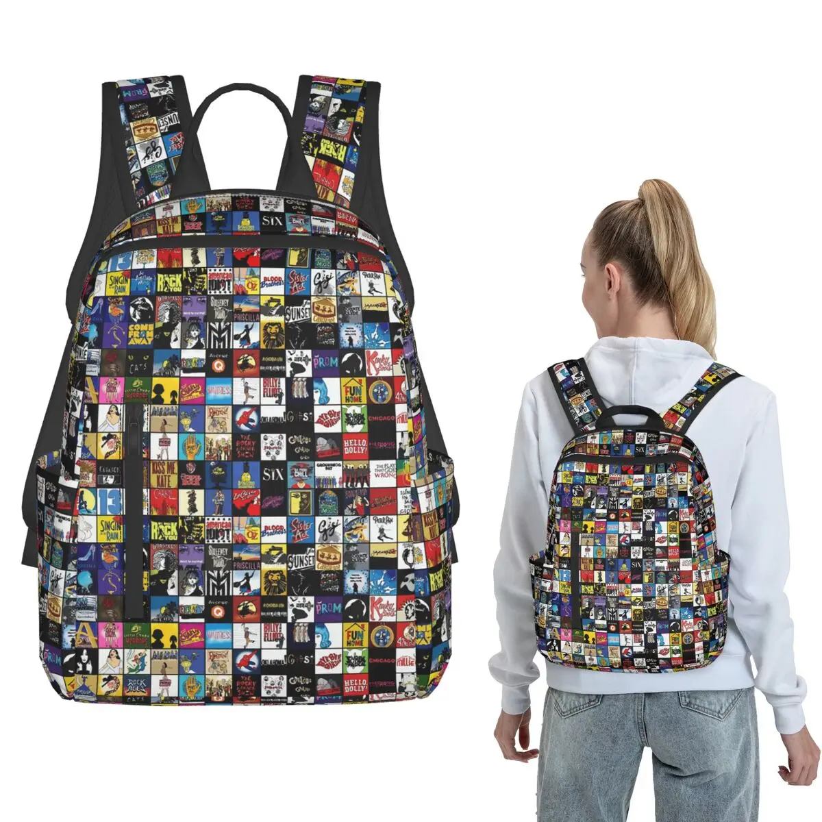 Broadway Musical Theatre Logos - Hand Drawn Backpack Large Capacity Boys Girls BookBag School Bag Shoulder Bags for Men Women