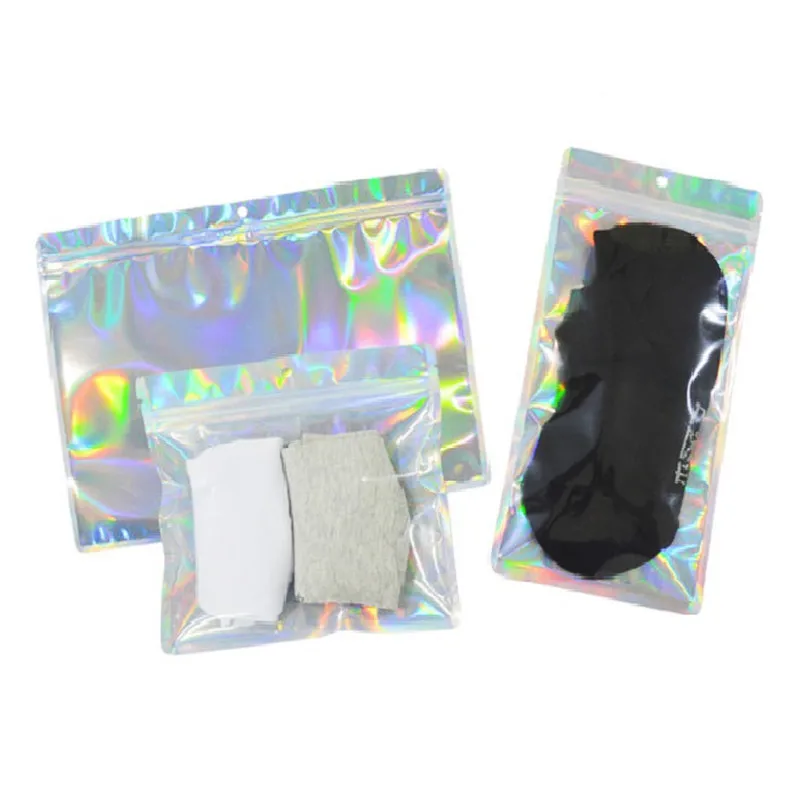 

100PCS Clear Front Hologram Laser Hanging Ziplock Bag Women Underwear Dress Socks Scarf Eyelash Makeup Nail Beauty Pouches