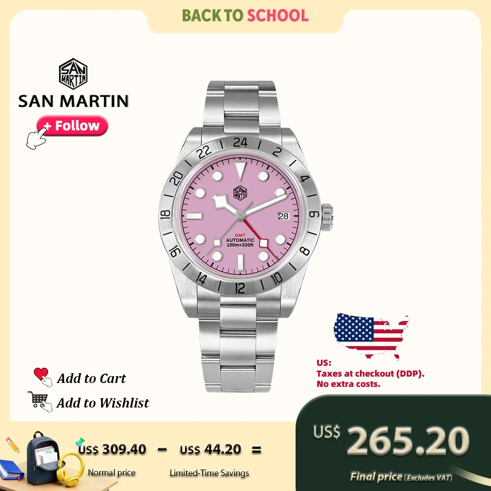 

San Martin 39mm Luxury Couple Watches NH34 GMT 316L Stainless Steel Automatic Mechanical Men Watch Gift for boyfriend Sapphire