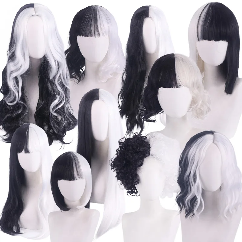 Synthetische Cosplay-Perücke, kurz, lockig, schwarz-weiß, zweifarbig, für eine durchgeknuschte Bösewicht-Verkleidung, Kostümparty, Halloween, Damen