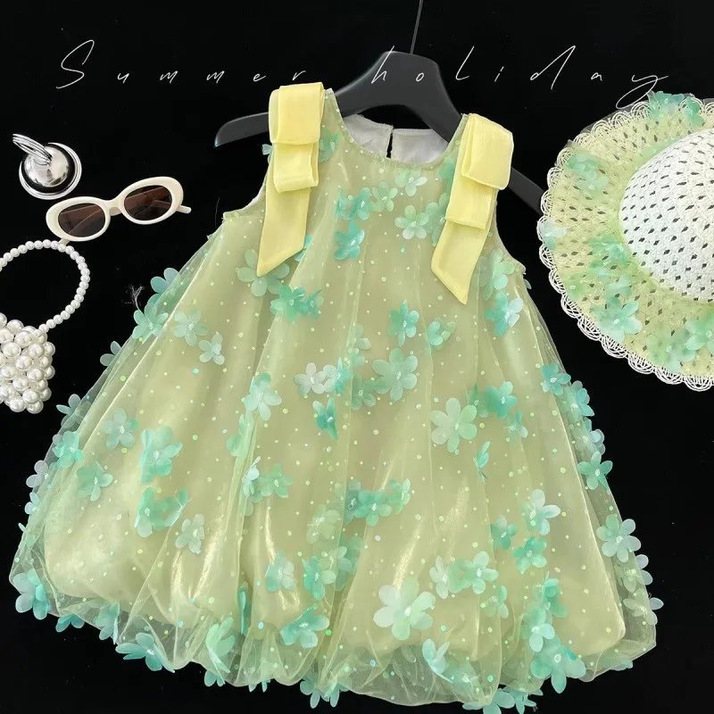 2025 الصيف الفتيات جديد فستان جنية صغيرة غزل عائم ثلاثي الأبعاد زهرة لطيف الشاش تنورة بلا أكمام تنورة الأميرة