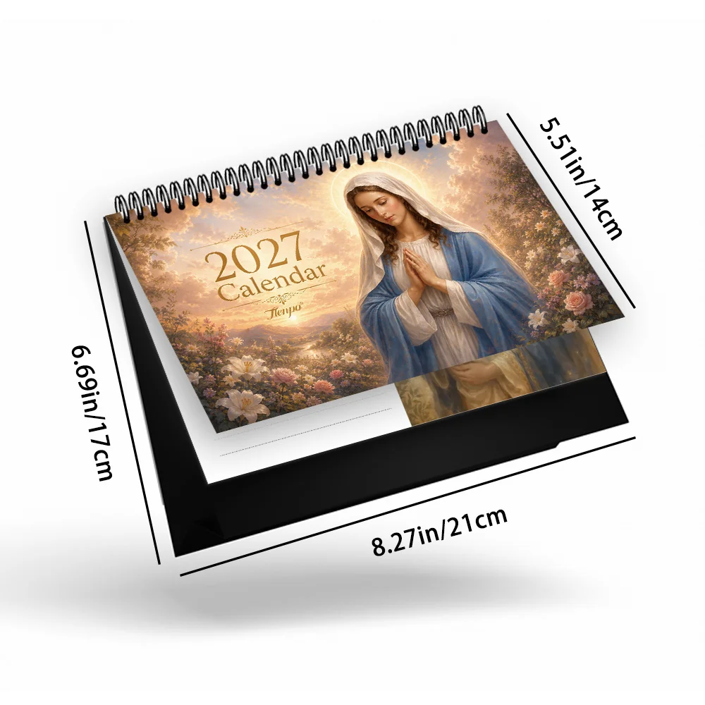 1pc 2027 Virgin Mary Desktop Calendar, Illustrative Style, 12-Month Plan, Perfect Gift For Birthdays, Christmas, New Year
