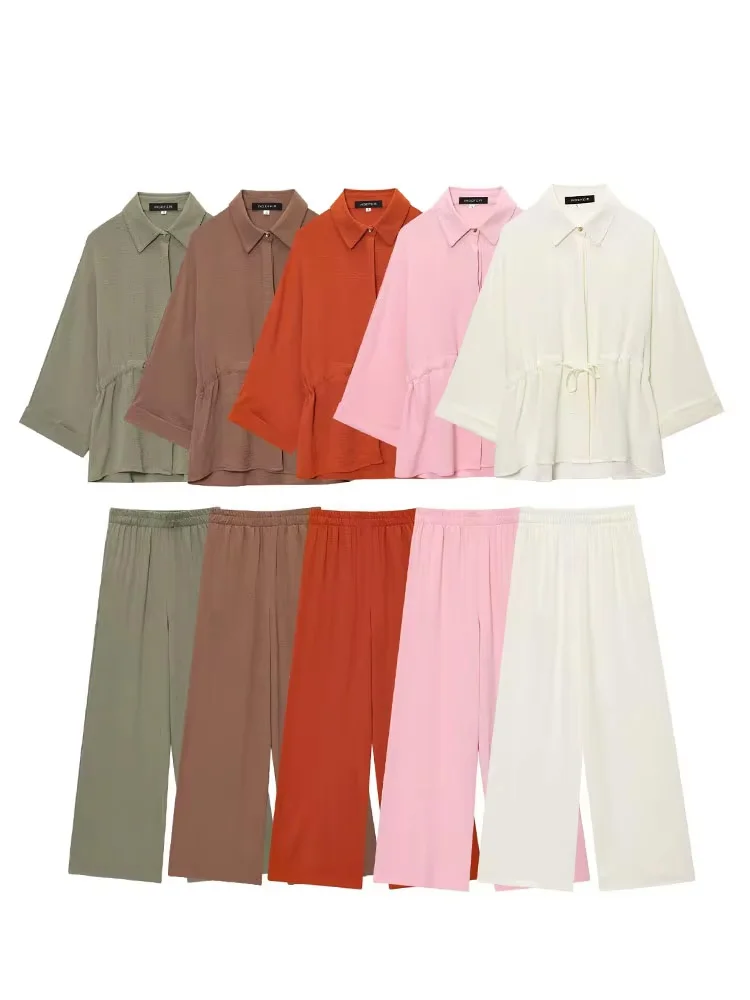 

HH Women Fashion Pant Sets Solid Turn-Down Collar Long Sleeves Single-Breasted Top+Elastic Waist Pockets Summer Long Pants