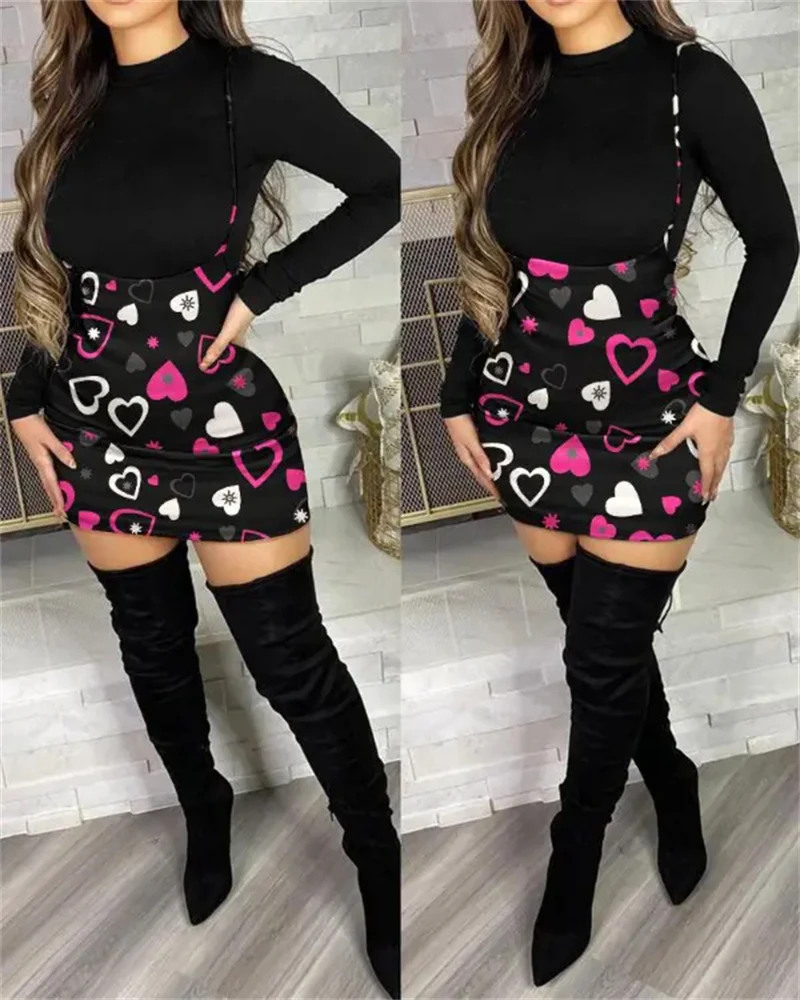 Women's Long Sleeved Top and Heart Printed Slip Dress Suit Miniskirt Party Casual