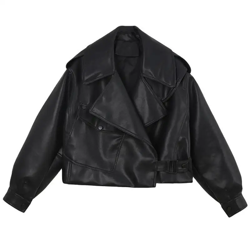 Vintage Moto Biker Mantel Oberbekleidung Weibliche Herbst 2025, Streetwear Frauen Faux Leder Mäntel Jacke Drehen Unten Kragen Taschen