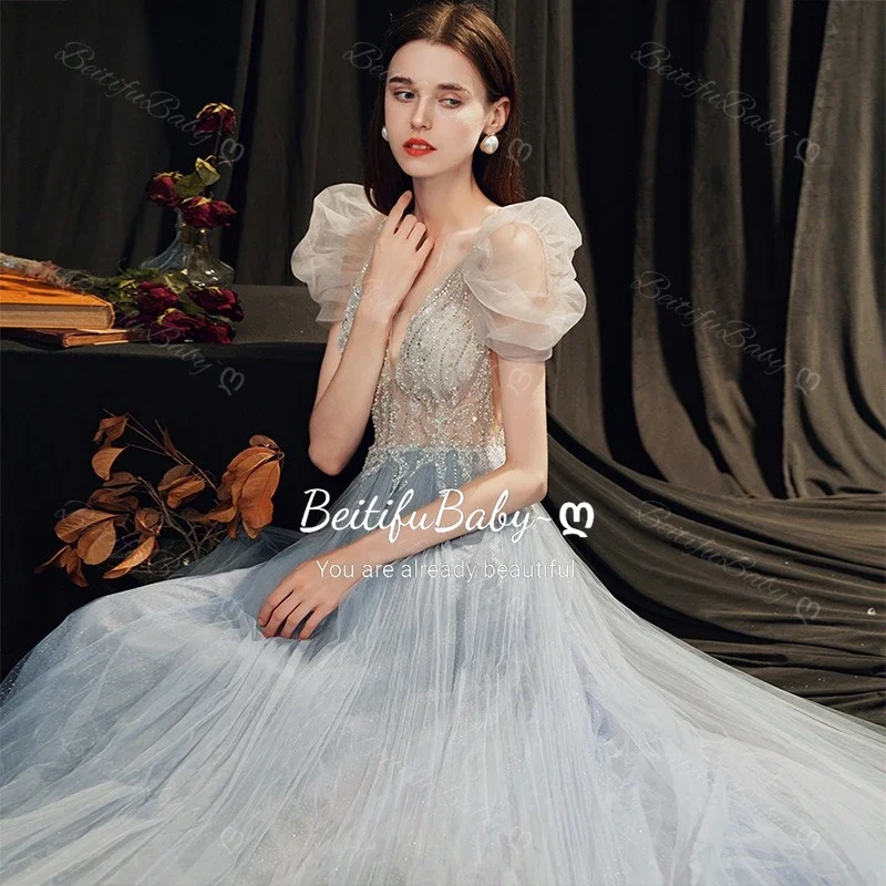 

Evening Dress for Women V-neck Bubble Short-sleeved A-line Organza Skirt Ball Gown Women's Party Dresses Vestidos Elegantes