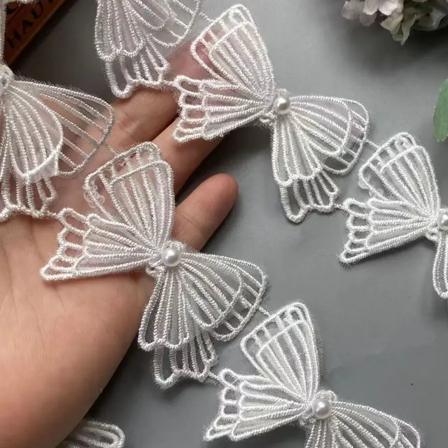 10x Latest White Pearl Butterfly Embroidered Lace Trim Ribbon Fabric Lady Wedding Dress Handmade DIY Sewing Supplies Craft 6.5cm