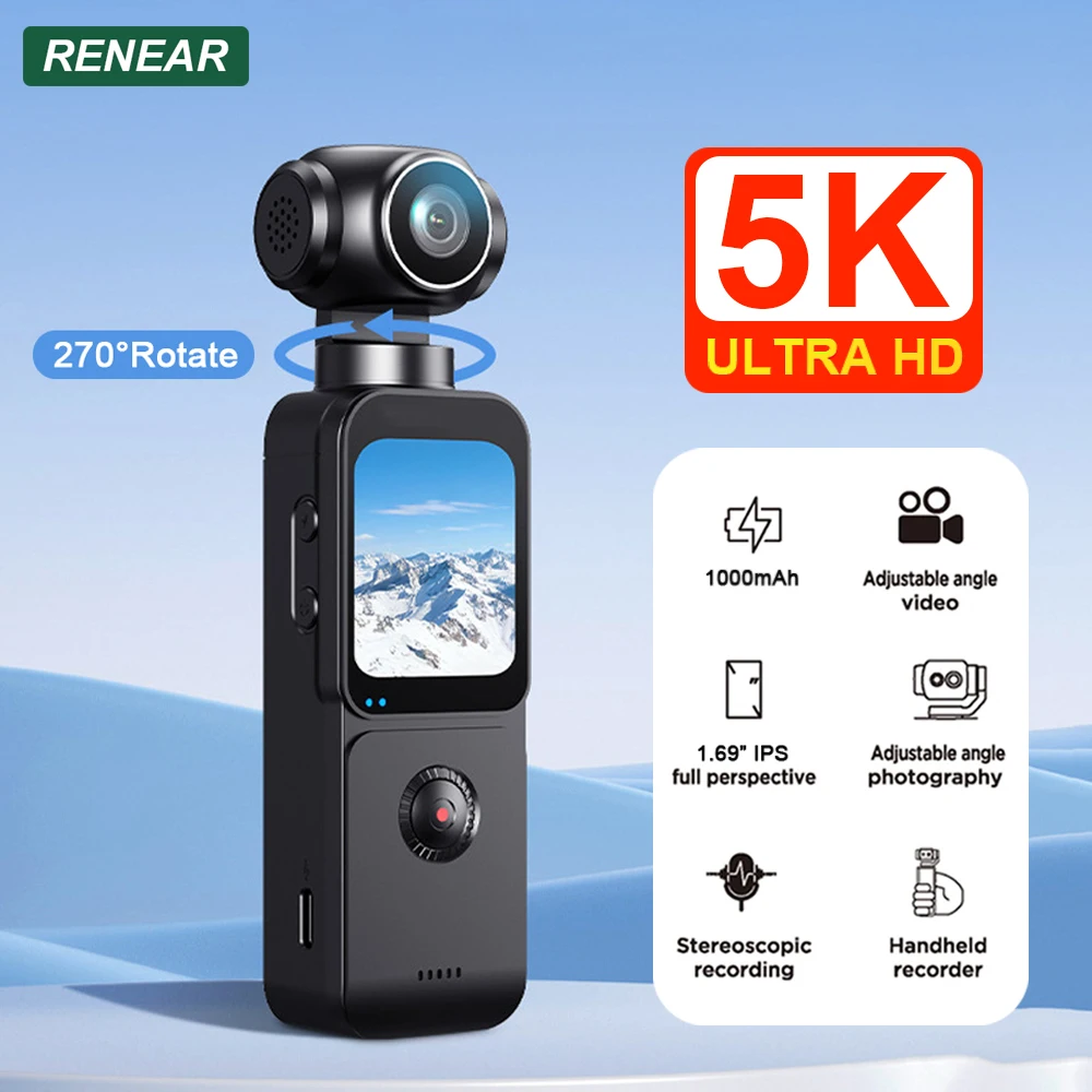 

5K Ultra HD Action Camera With Mic 1.69 Inch Touch Screen 270° Rotatable For Vlog YouTube Outdoor Portable Sports Video Camera
