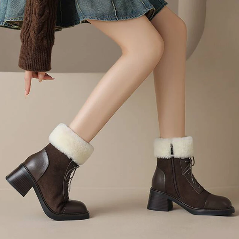 Women's Mid-Calf Leather Winter Snow Boots with High Heel and Zipper