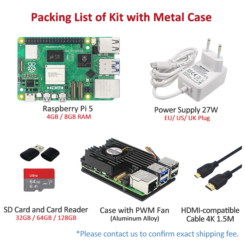 Raspberry Pi 5 Full Kit 4GB 8GB RAM+Power Supply 27W+RTC Battery Box+SD Card+Card Reader+Metal Case with Fan+Video Cable 4K