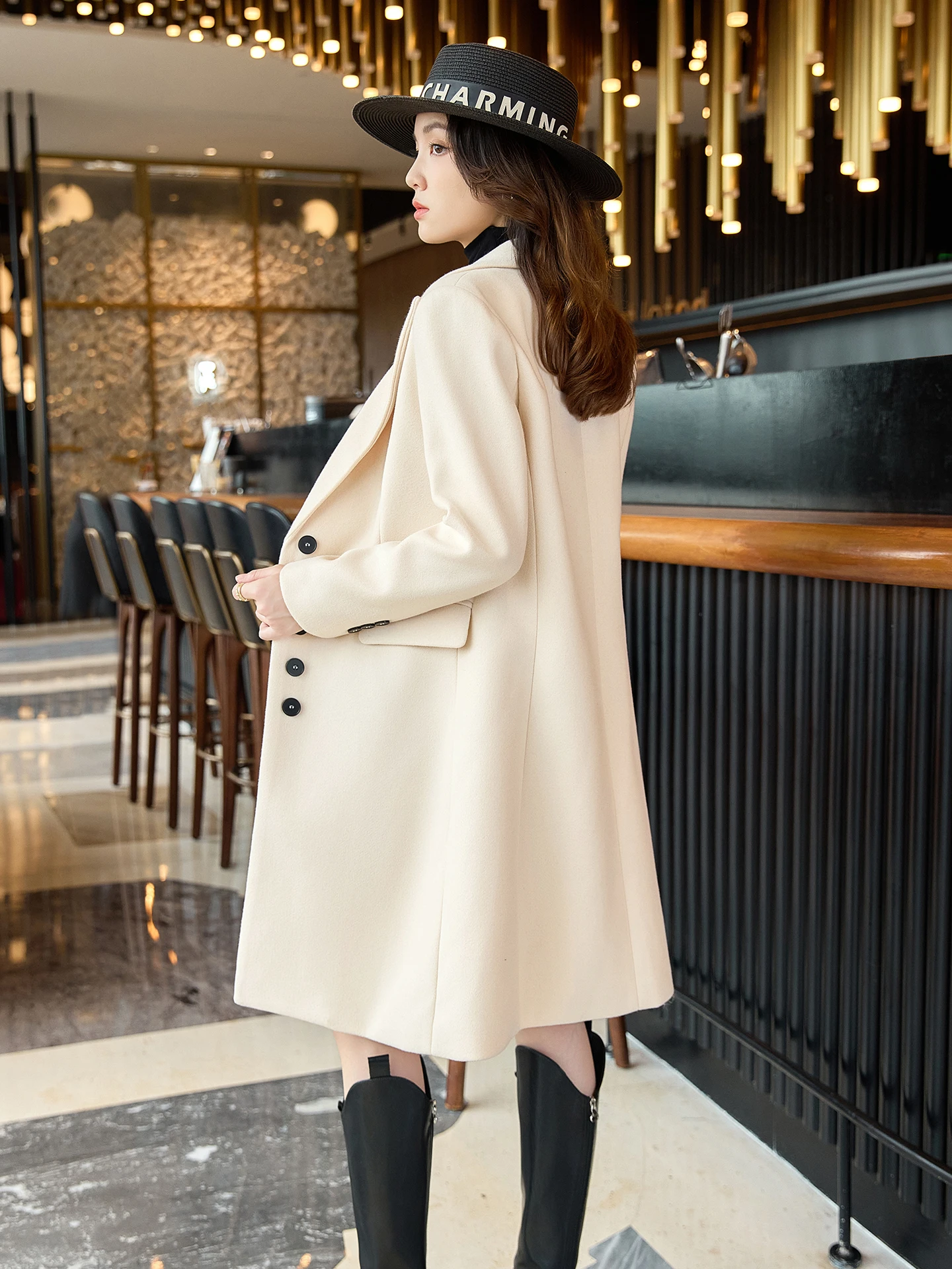 Beige Casual Women's Suit Style Coat Loose Fit Medium Length Woolen Material Commute Style Fashionable Online Exclusive Polye...
