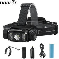 BORUiT 6000LM LED Headlamp 18650/21700 Battery TYPE-C Rechargeable Headlight Waterproof Work Head Torch For Fishing Camping