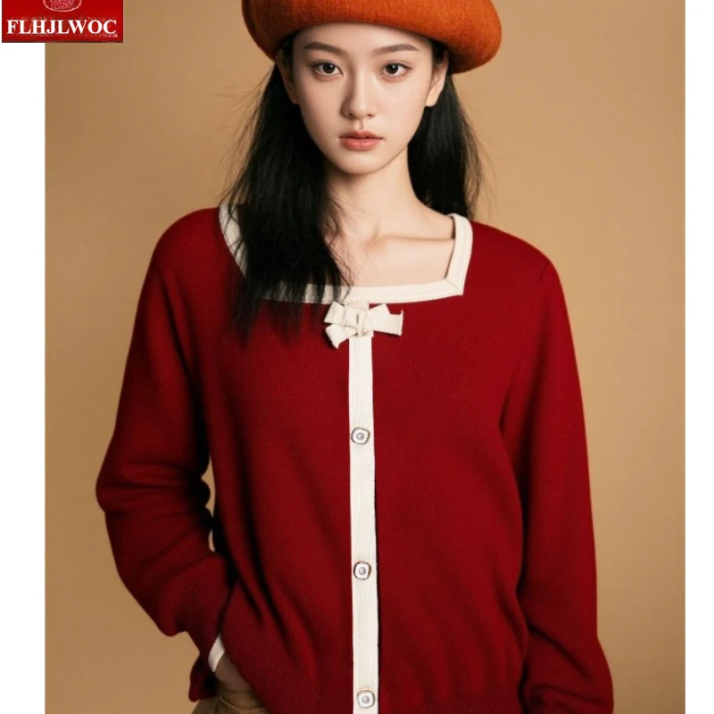 

Рождество, Новый год, осень-зима, пуловеры с длинными рукавами, повседневные японские милые милые свитера с галстуком-бабочкой для девочек, красные вязаные свитера