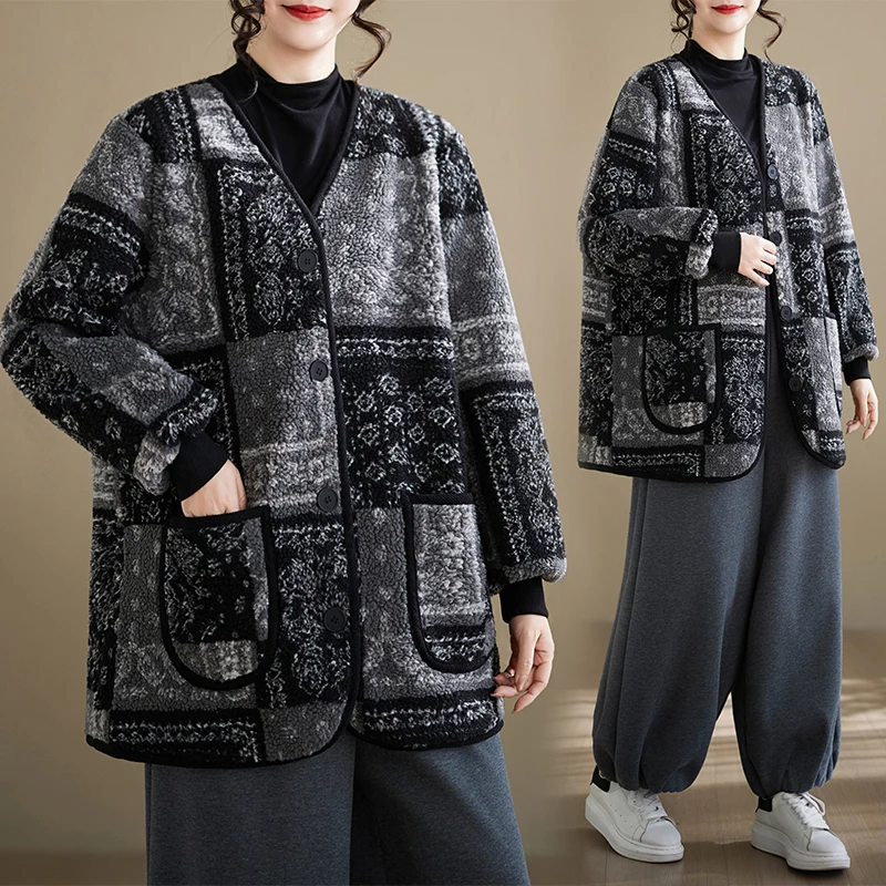 

plus Size Women's Cotton Jaet Autumn Winter Thiened Long Sve Plaid Outerwear Comfortable Loose Fit Belly Covering Coat