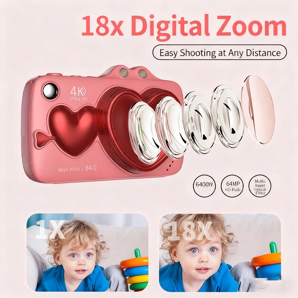 2026年ホットセールプロ仕様家庭用4kデジタルカメラ64mp、フロントとリアのデュアルカメラ搭載、18倍デジタルズーム、vlog撮影と写真撮影に最適