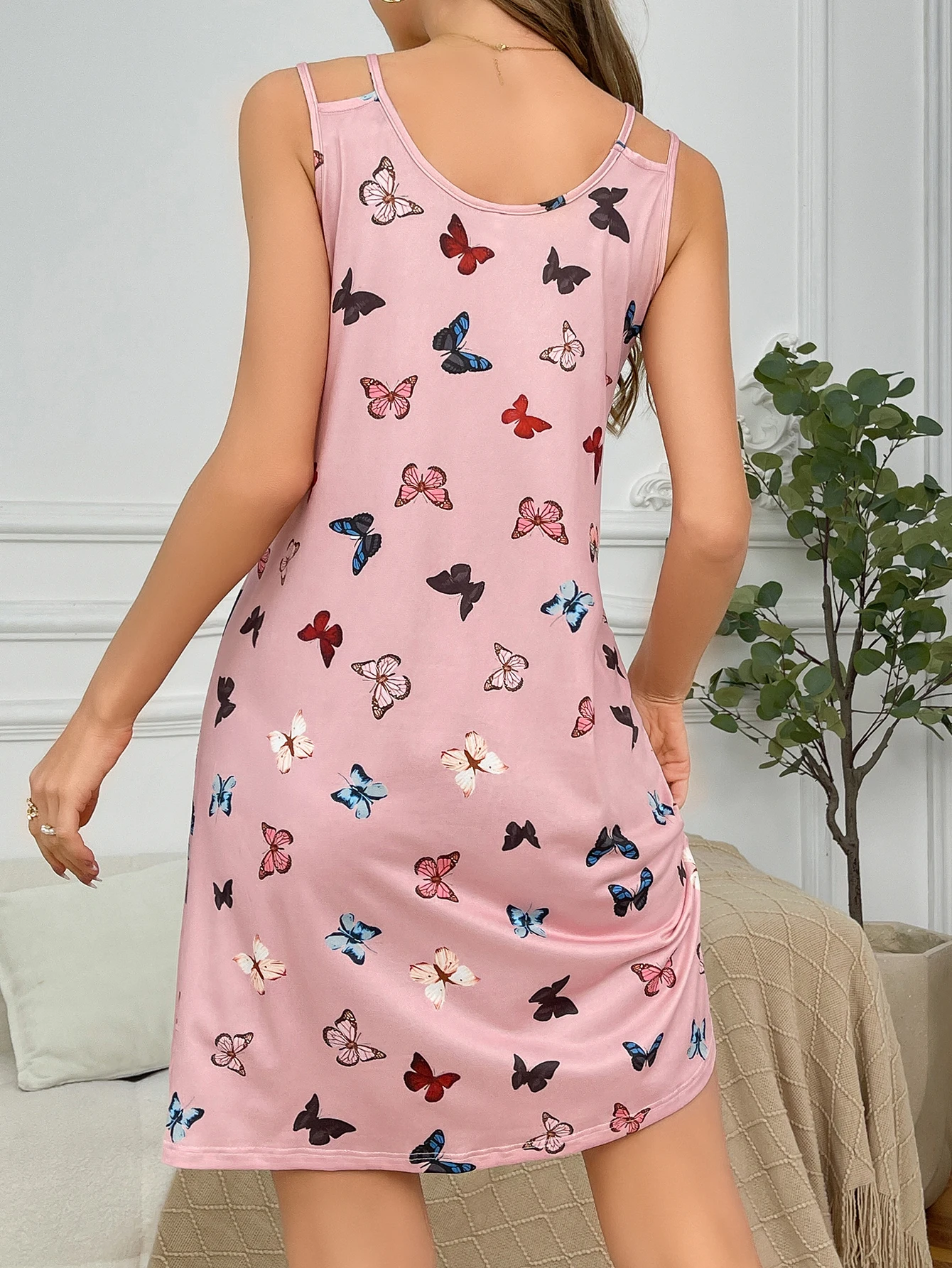 Women\'s new style halter nightdress butterfly print double strap skirt casual home wear