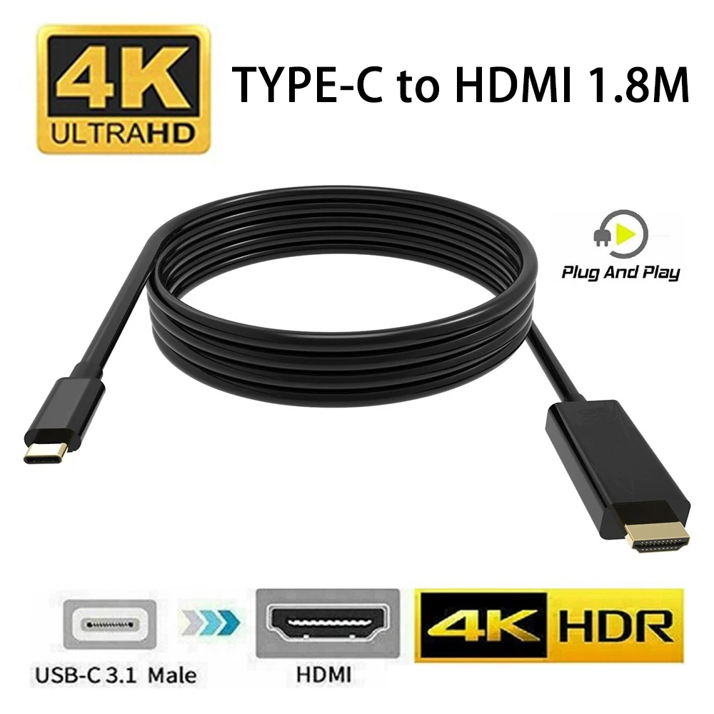 USB C cable 3.1 Type C to HDMI-compatible 4K 30HZ 1.8M 6Ft HDTV Adapter For Macbook Sumsung S8 Huawei MateBook